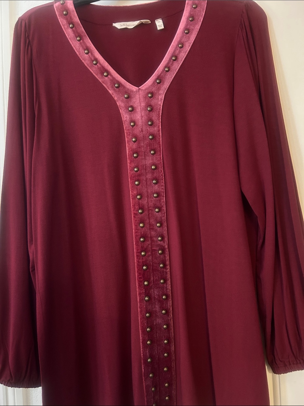 Soft Surroundings Velvet-Trim Studded V-Neck Long Sleeve Top - Maroon